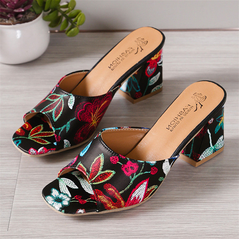 Wholesale Women's Embroidered Open Toe High Heel Square Head plus size Slippers